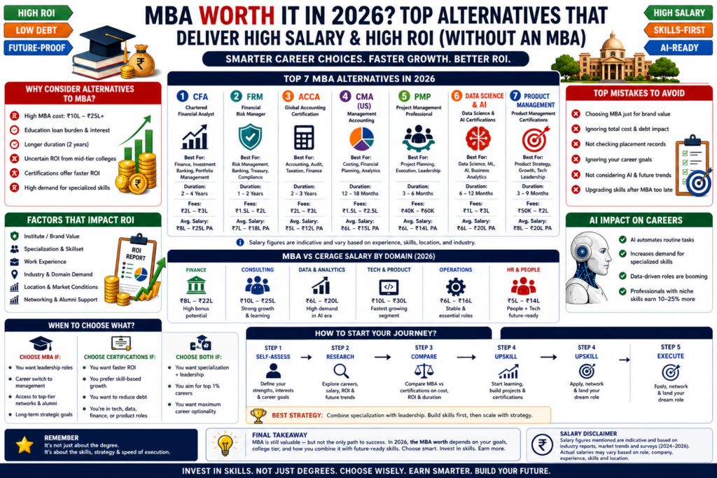MBA worth in 2026 infographic comparing MBA vs certifications like CFA, FRM, Data Science and Product Management with ROI, salary and AI impact