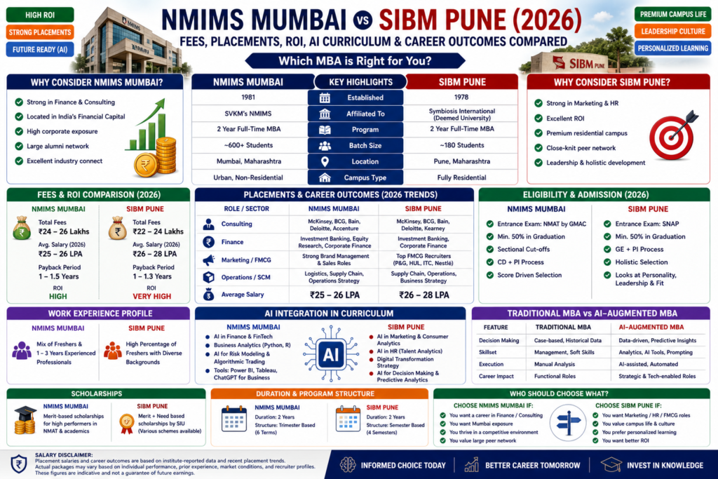 NMIMS Mumbai vs SIBM Pune MBA comparison 2026 fees placements ROI AI curriculum infographic