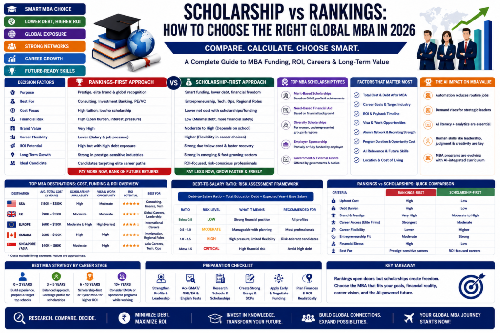 Infographic comparing MBA scholarships vs rankings for global MBA programs in 2026, including ROI, debt, AI impact, career outcomes, and funding strategies.