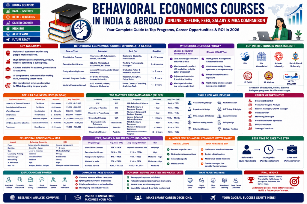 Infographic showing behavioral economics courses in India and abroad, including online and offline programs, fees, salary, ROI, career scope, AI impact, and MBA comparison in 2026.