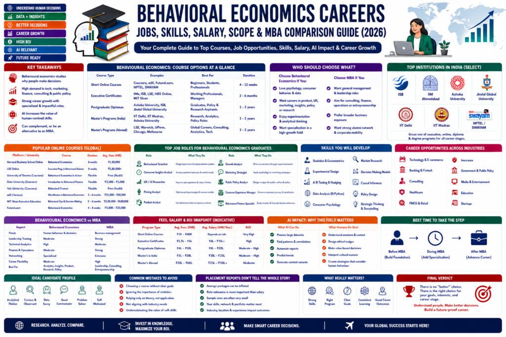 Behavioural Economics Careers Guide showing jobs, skills, salary, AI impact, top courses and MBA comparison in 2026