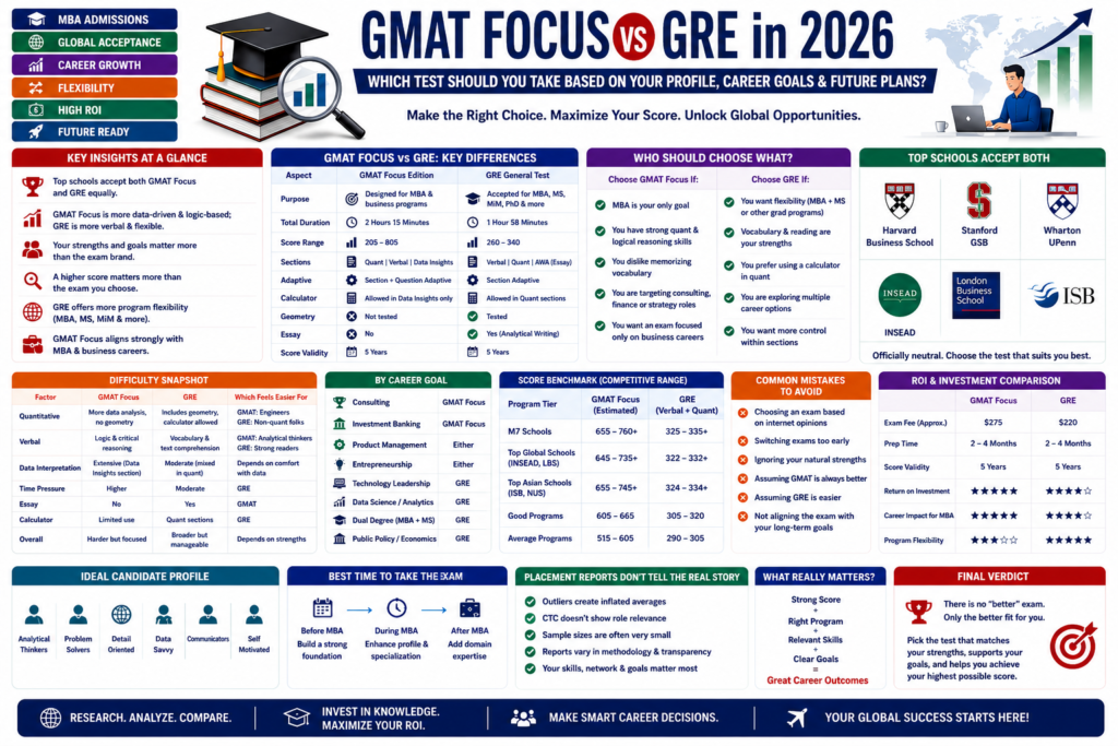 GMAT Focus Edition vs GRE comparison infographic showing differences in difficulty, career goals, ROI, flexibility, and MBA admissions in 2026.