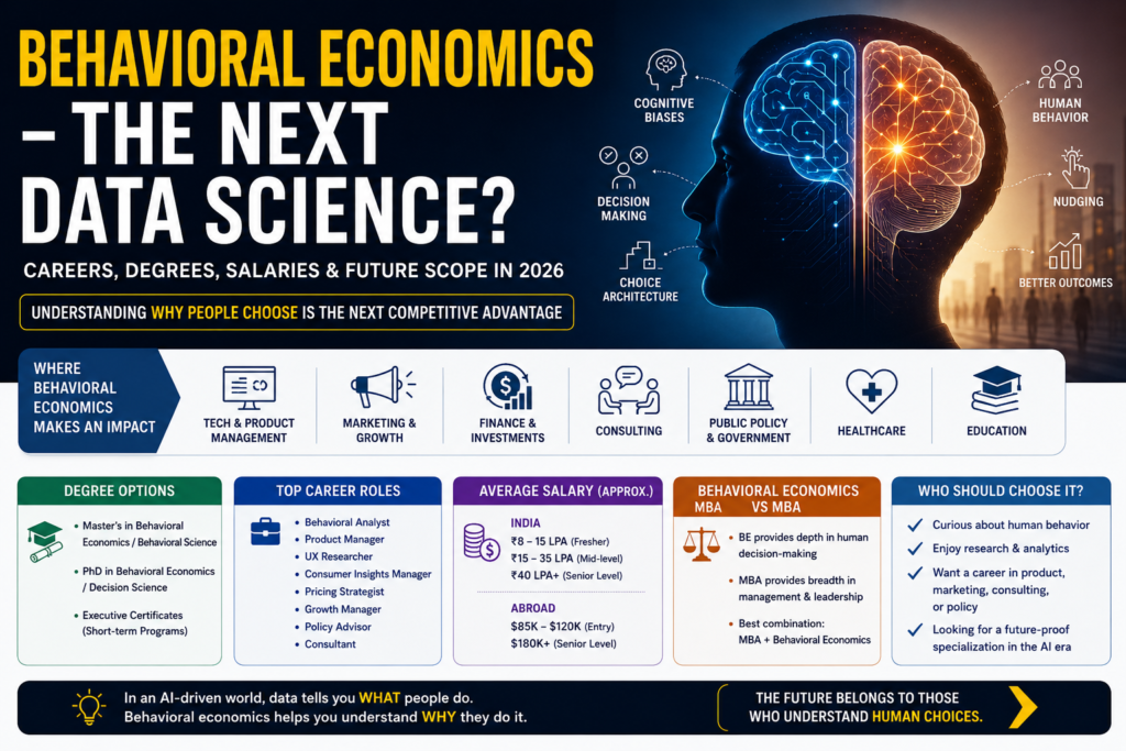 Infographic showing behavioral economics career scope, degrees, salaries, consulting opportunities, and comparison with MBA in 2026.