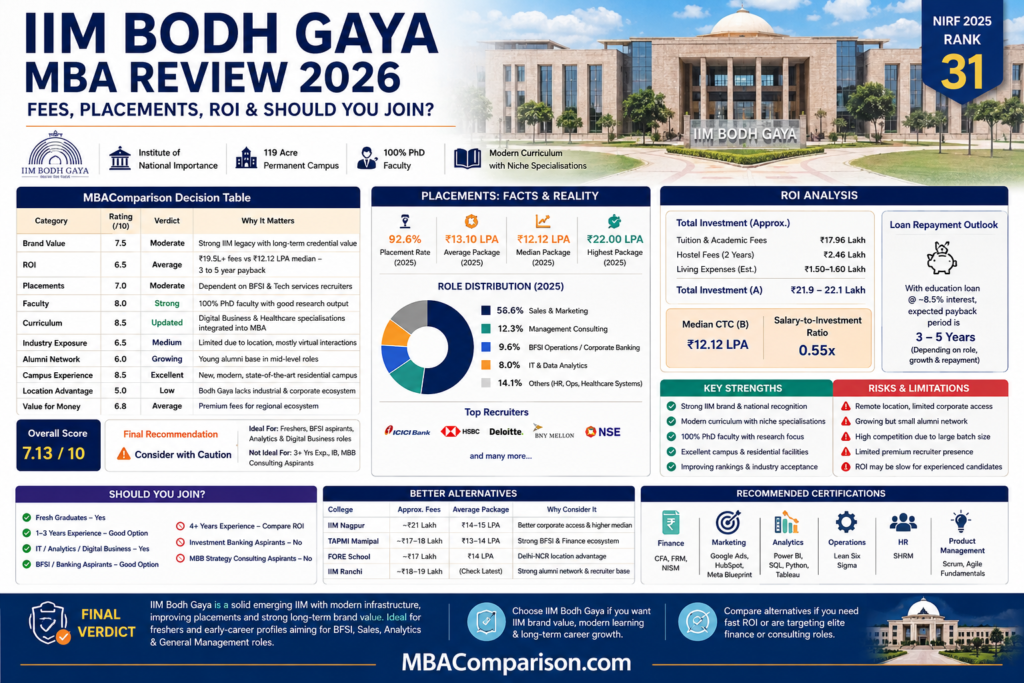 Infographic summarising IIM Bodh Gaya MBA Review 2026 including fees, placements, ROI, campus, strengths, risks, decision table and MBAComparison verdict.