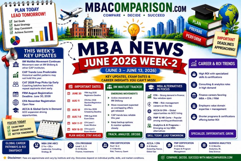 MBA News June 2026 Week-2 infographic showing IIM waitlist updates, CAT 2026 preparation trends, CFA registration deadlines, FRM August exam dates, MBA alternatives and career insights.