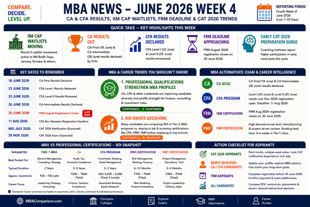 Infographic summarizing MBA News June 2026 Week 4 featuring CAT 2026 updates, IIM CAP waitlists, CA and CFA results, FRM registration deadline, MBA alternatives and career trends.