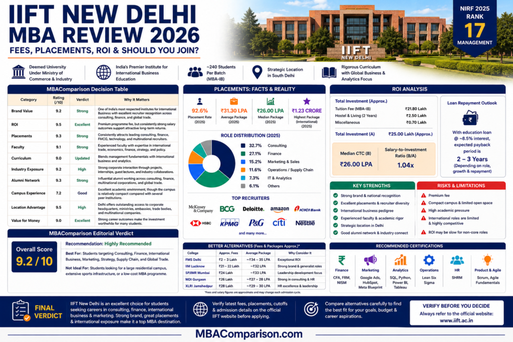 IIFT New Delhi MBA Review 2026 infographic showing fees, placements, ROI analysis, MBAComparison decision table, overall rating, strengths, risks, and final admission verdict.