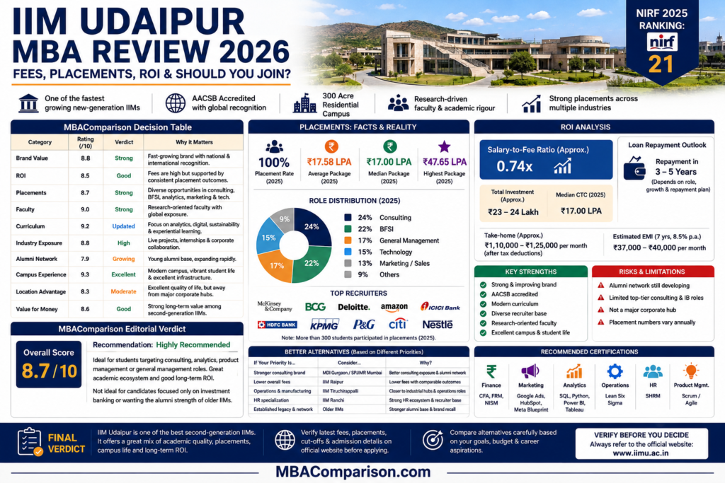 Infographic summarizing IIM Udaipur MBA Review 2026, including placements, fees, ROI analysis, NIRF ranking, decision table, strengths, risks, and MBAComparison's final verdict.