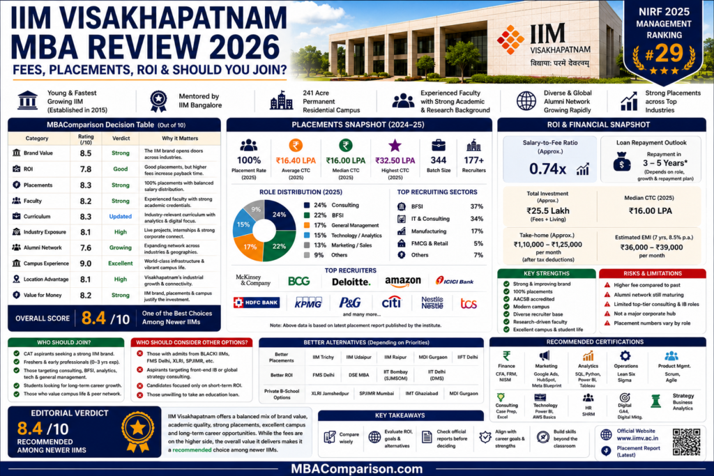 IIM Visakhapatnam MBA review showing placements, fees, ROI, CAT cut-off, campus and overall MBAComparison rating.