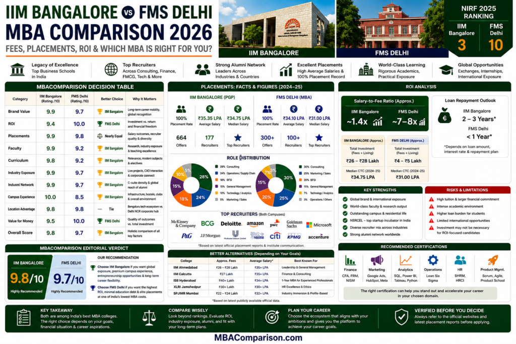 IIM Bangalore vs FMS Delhi MBA Comparison 2026 infographic comparing fees, placements, average salary, ROI, faculty, campus life, recruiters, NIRF ranking, and MBAComparison editorial verdict.