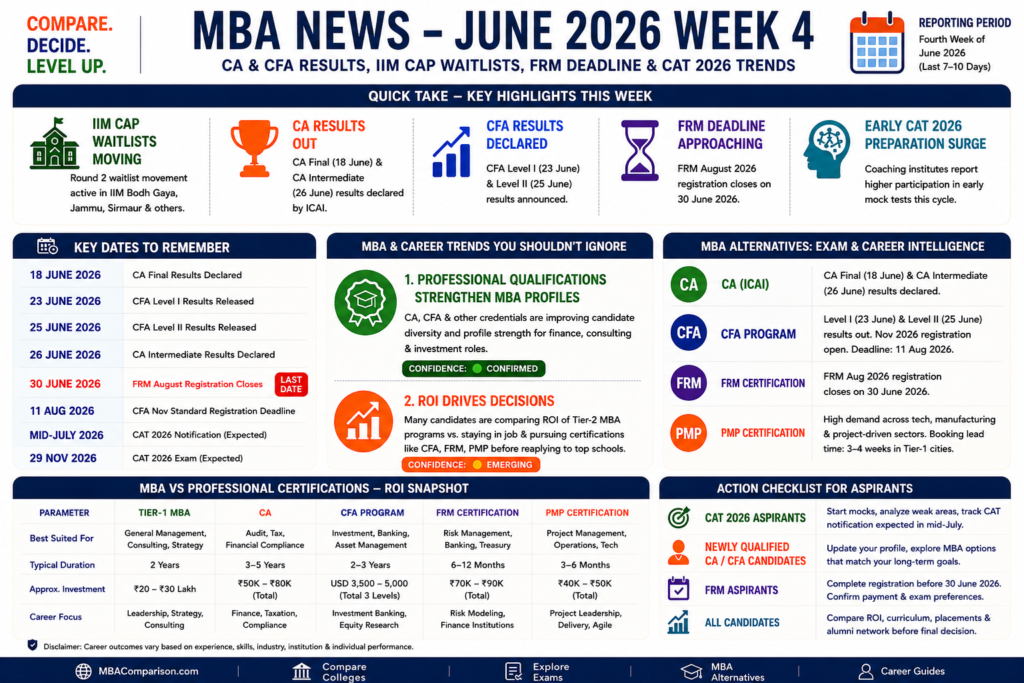 Infographic summarising MBA News for Week 1 of July 2026, including NMAT 2026 schedule, CAT updates, IIM waitlists, CFA deadlines and MBA alternatives.