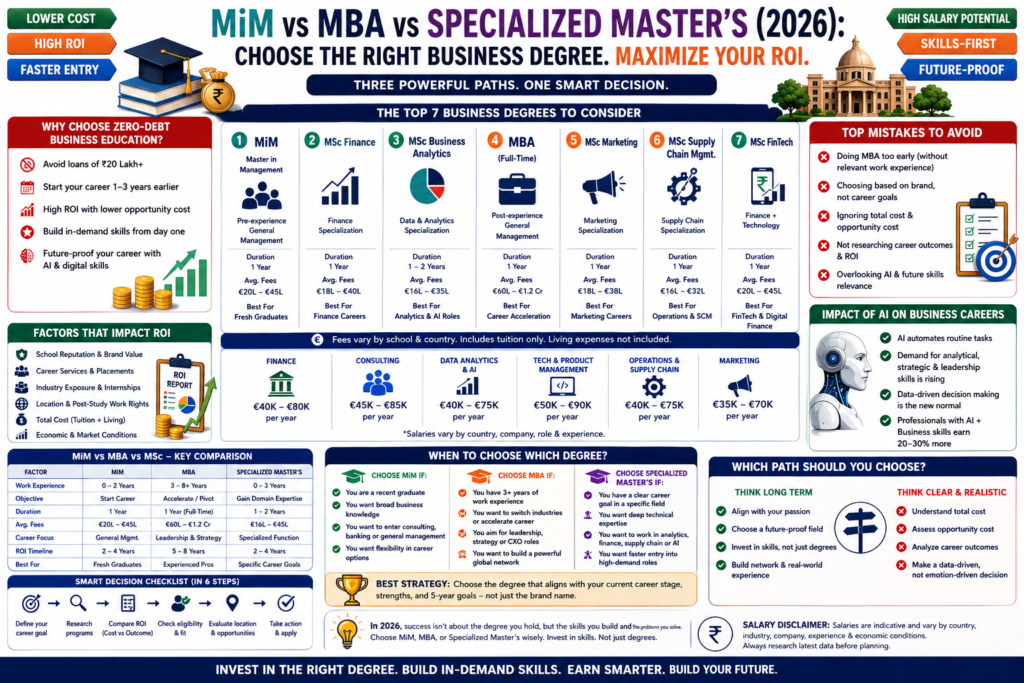 Infographic comparing MiM vs MBA vs Specialized Master's in Europe, including ROI, eligibility, work experience, costs, AI impact, career outcomes, and which degree is best for different career stages.