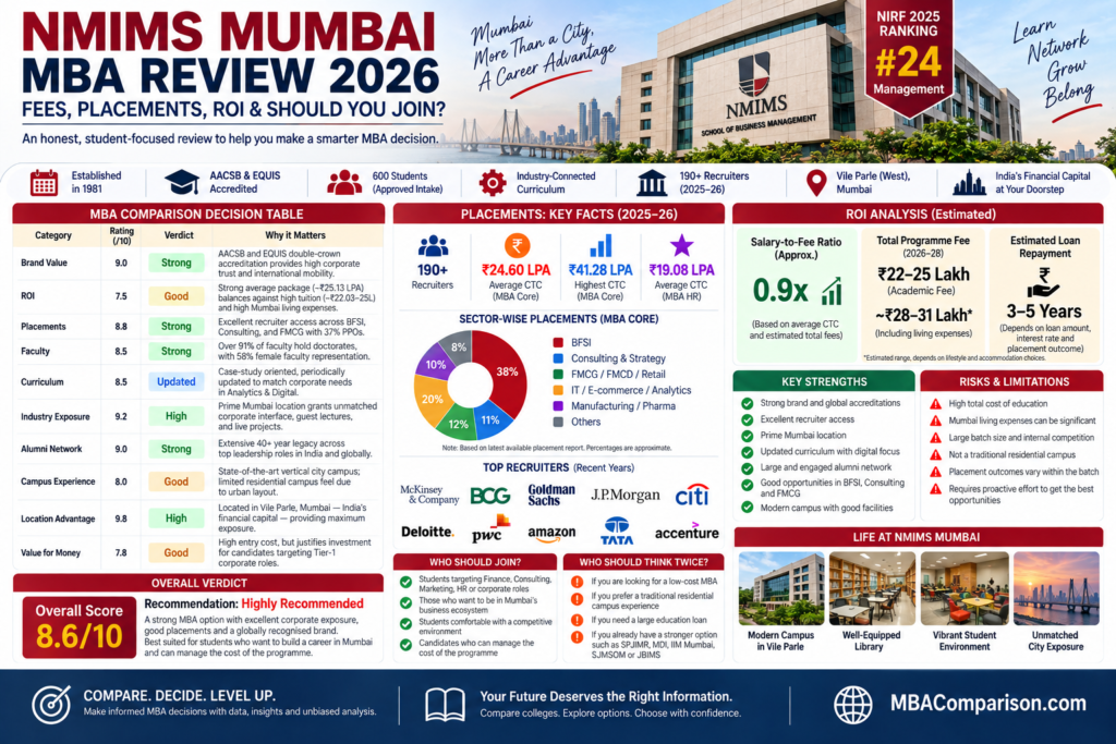 NMIMS Mumbai MBA Review 2026 infographic showing fees, placements, ROI, ranking, strengths, risks and campus experience