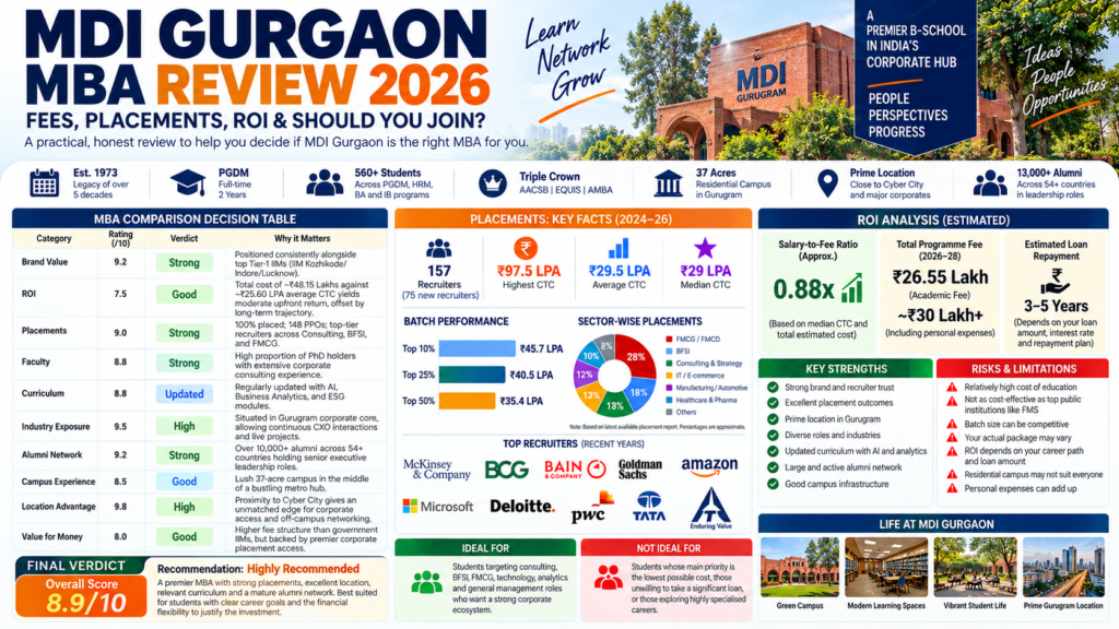 MDI Gurgaon MBA Review 2026 showing fees, placements, ROI, campus and admission insights
