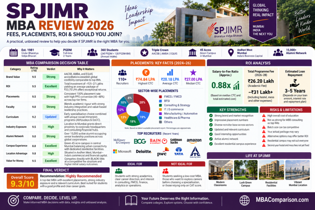 SPJIMR MBA Review 2026 infographic covering fees, placements, ROI, strengths, risks and final verdict