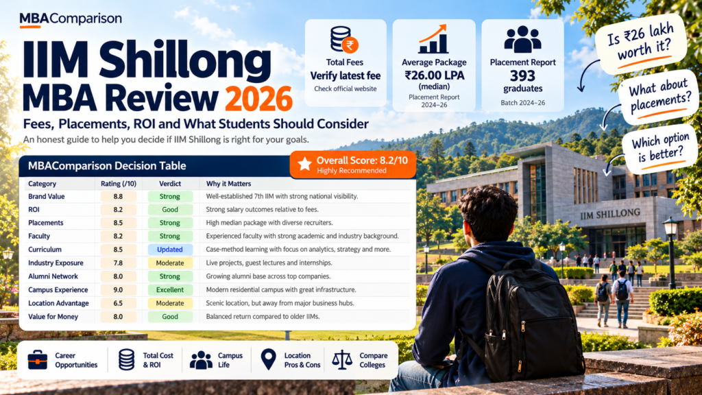 IIM Shillong MBA Review 2026 featuring the campus, MBAComparison decision table, fees, placements and ROI