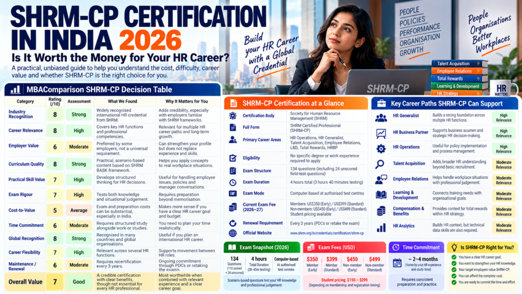 SHRM-CP certification in India infographic comparing career relevance, employer value, exam fees, preparation time and HR career opportunities.